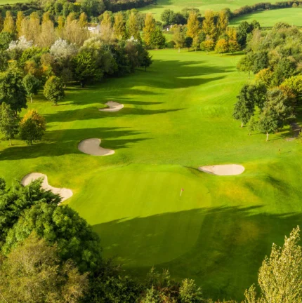 Aerial view of lush, inviting golf course surrounded by vibrant autumn trees.