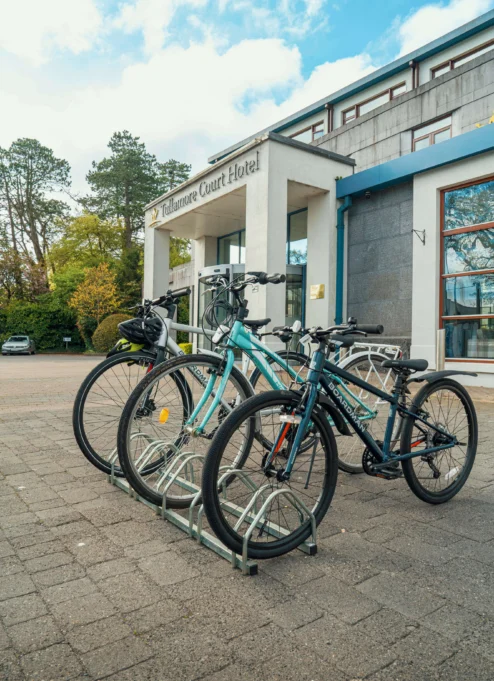 Bicycles parked outside a welcoming hotel entrance on a sunny day.