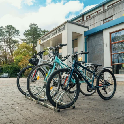 Bicycles parked outside a hotel entrance under a blue sky.