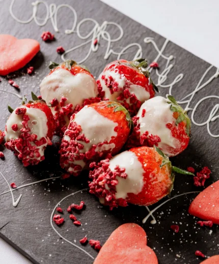 Romantic dessert with strawberries and heart cookies, "Congratulations" written in icing.