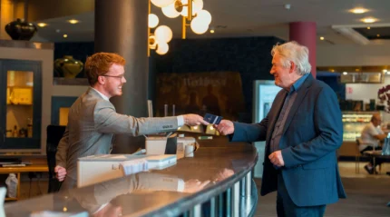 Hotel receptionist warmly greets guest at elegant front desk.