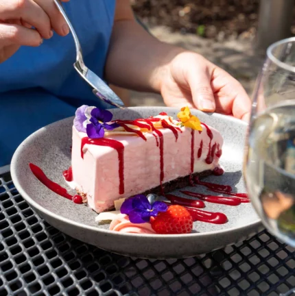 Enjoying dessert and wine on a sunny terrace.