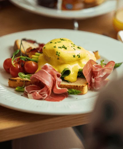 Elegant breakfast with eggs Benedict, tomatoes, and cured meat in a cosy dining setting.