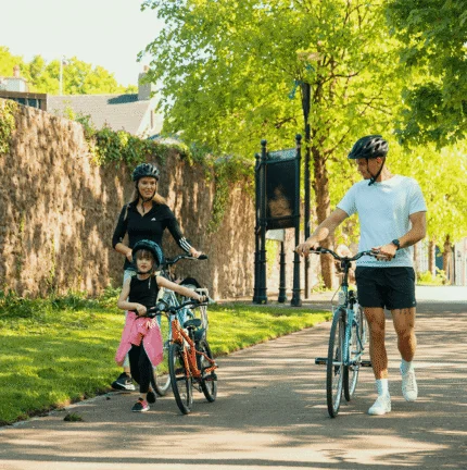 Family cycling along a sunny path with lush greenery.