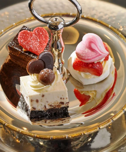 Elegant dessert platter with heart-shaped treats on a gold tray.