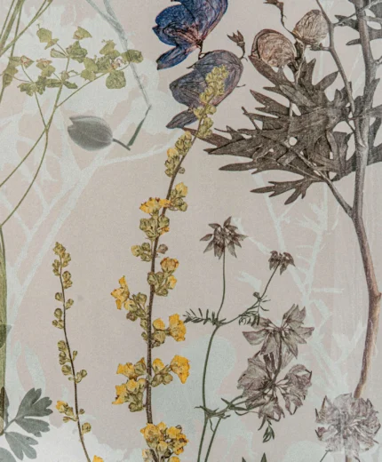 Elegant botanical artwork with vibrant flowers and butterflies in a serene hotel setting.