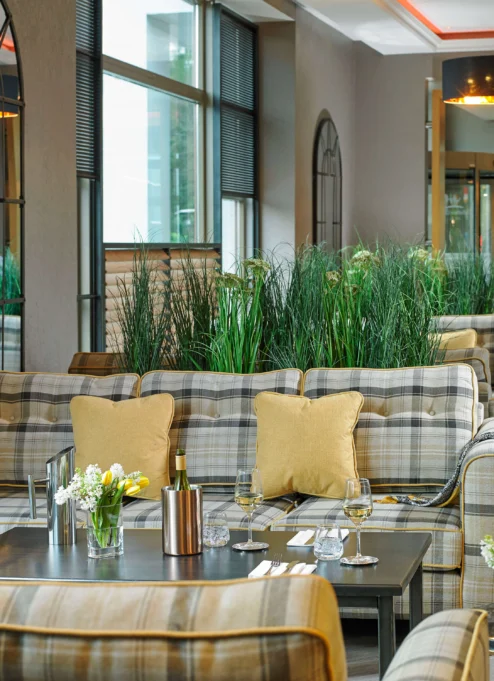 Cosy hotel lounge with plush seating and a welcoming atmosphere.