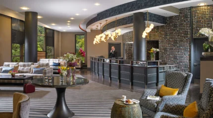 Elegant hotel lobby with a welcoming atmosphere and stylish decor.