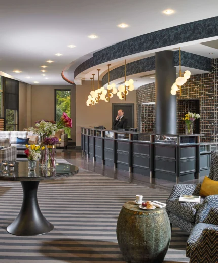 Elegant hotel lobby with a welcoming atmosphere and stylish decor.