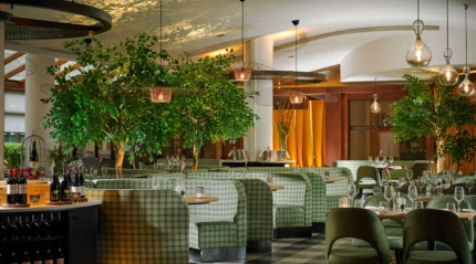 Modern restaurant setting with cosy seating and lush greenery.