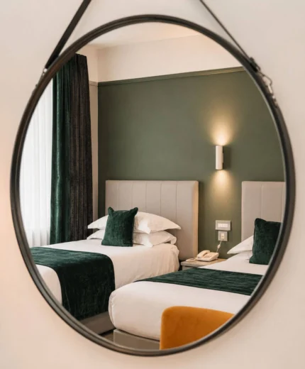 Cosy hotel room with twin beds and elegant decor.