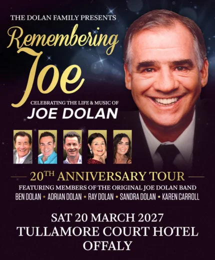 Poster for Remembering Joe concert at Tullamore Court Hotel, featuring Joe Dolan's music.