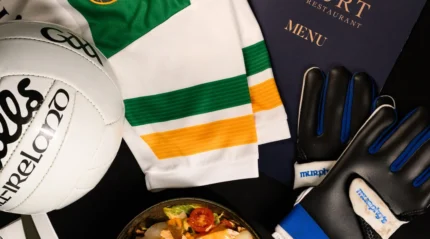 Gaelic football jersey, gloves, ball, and meal at Tullamore Court Hotel.