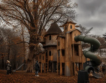 Family exploring a whimsical wooden treehouse in an autumn park setting.