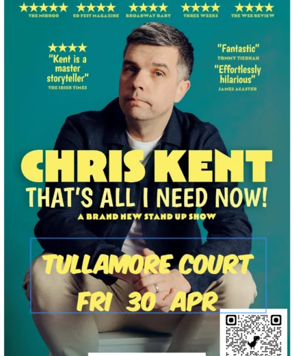 Man posing in a casual outfit for Chris Kent’s comedy show poster at Tullamore Court Hotel.