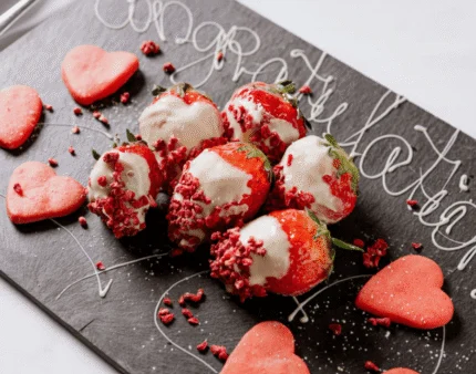 Strawberries and heart cookies on a tray with "Congratulations" written in icing.