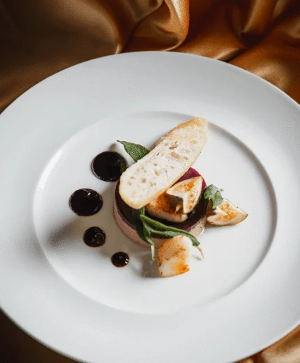 Elegant gourmet dish on a white plate with artistic sauce drizzles.